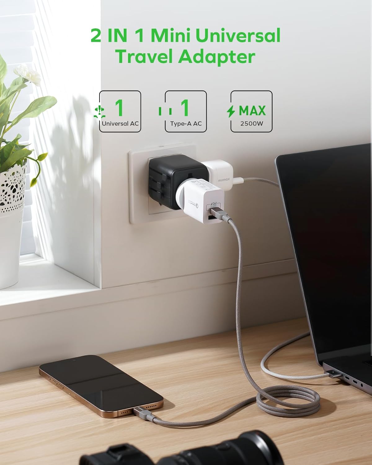 MOMAX Mini Universal Travel Adapter Worldwide, 2 AC, All European Travel Plug Adapter UK, Travel Essentials for US to Europe Adaptor, All-in-One Wall Charger for AUS JP, Over 200 Countries