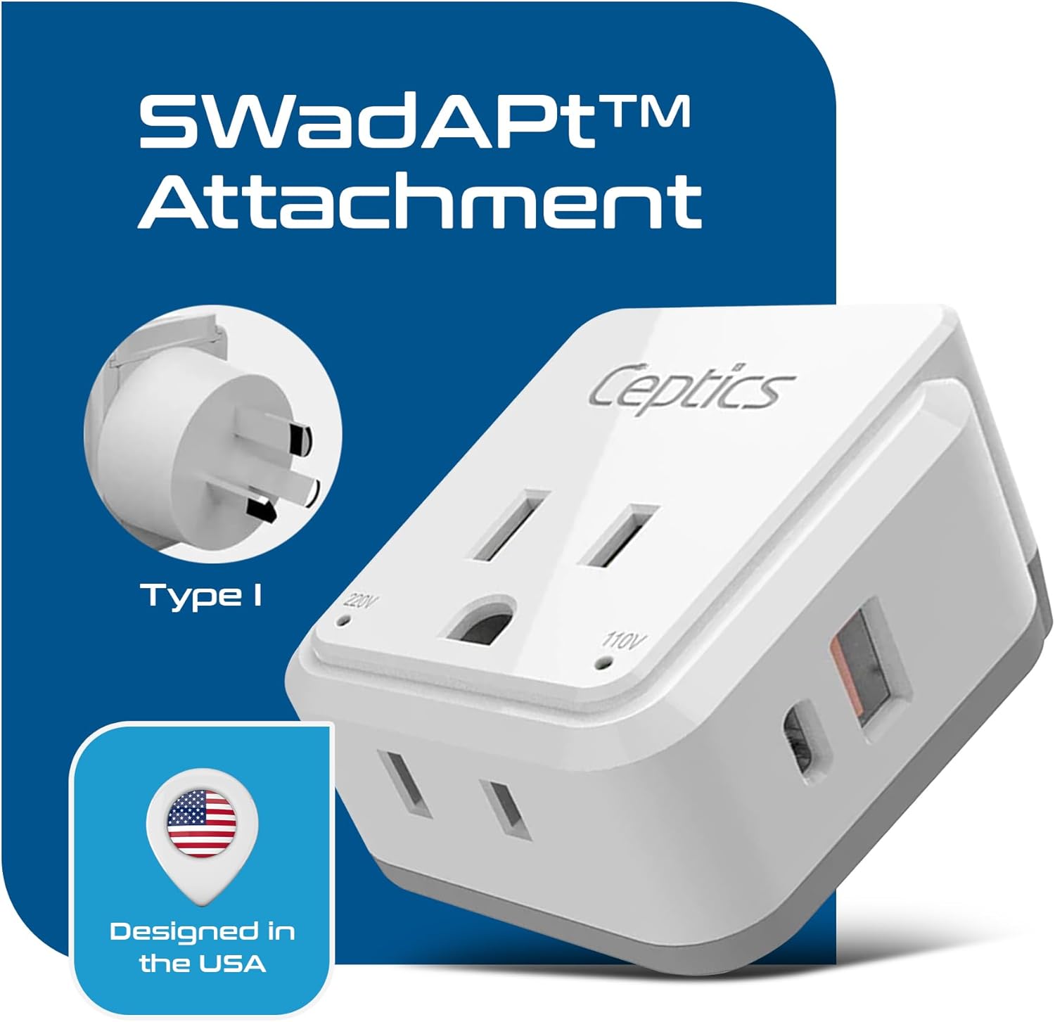 Ceptics Australian Travel Adapter Set, 20W PD & QC, Type I-3.1A - 4 in 1-2 USA Inputs, 1 USB Port, 1 USB-C Port - Australian New Zealand Fiji Argentina, Compact - Adapter Australia-Compatible Plug