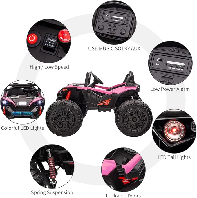2 Seaters 24V Ride on UTV with Remote Control,10AH Battery, 400W Powerful Motors with 17" EVA Wheels, 20.5“ Seat Width Electric Ride Toy with Metal Suspension,LED Lights,Music,Horn (Rose)-BubblyBeeBaby