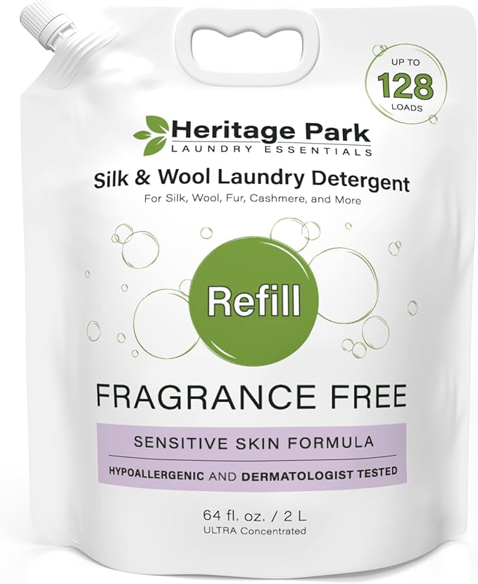 Heritage Park Silk & Wool Fragrance Free, Hypoallergenic, pH-Neutral Laundry Detergent - Dermatologist-tested, Sensitive Skin-Friendly, Enzyme-Free, Ultra Concentrated (64 fl oz Refill)-BubblyBeeBaby