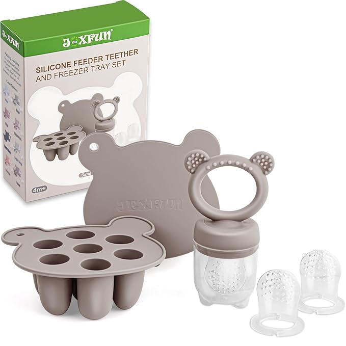 JEXFUN Silicone Baby Fruit Food Feeder Pacifier & Breastmilk Popsicle Freezer Molds, Double as Baby Teething Toys, Freezable Feeding Set for Breast Milk Ice Cubes, Food, Vegetable Purees - (Sand)-BubblyBeeBaby