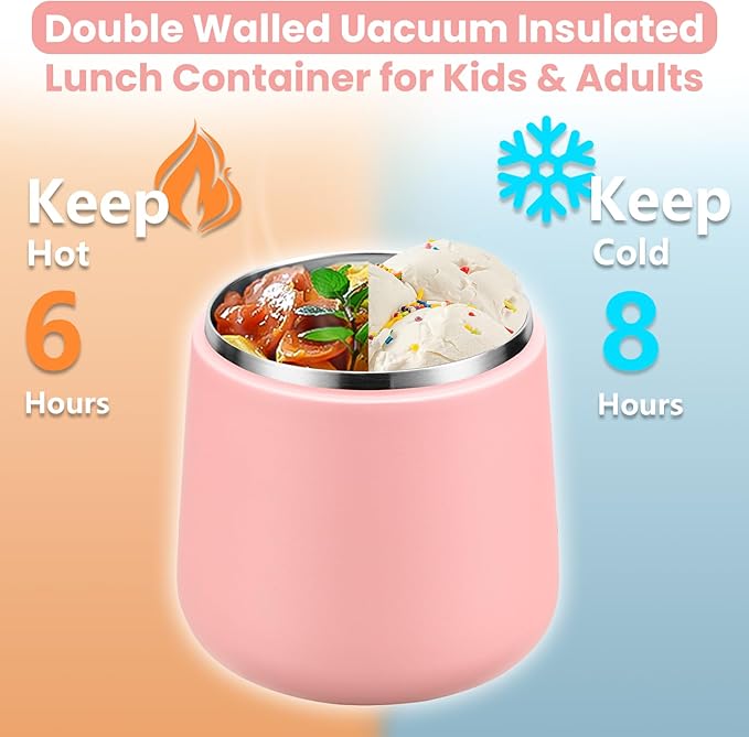 20oz Insulated Vacuum Food Jar with Buckle Lid,Soup Thermo for Hot Food Kids,Wide Mouth Leakproof Stainless Steel Lunch Container with Spoon-Pink-BubblyBeeBaby