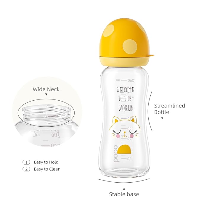 YOHKOH Natural Glass Baby Bottle with Natural Response Nipple, Newborn Anti-Colic Baby Bottles, Wide Neck Mushroom Cap Baby Bottle, Clear (8.8ounce (Pack of 4), Yellow1)-BubblyBeeBaby