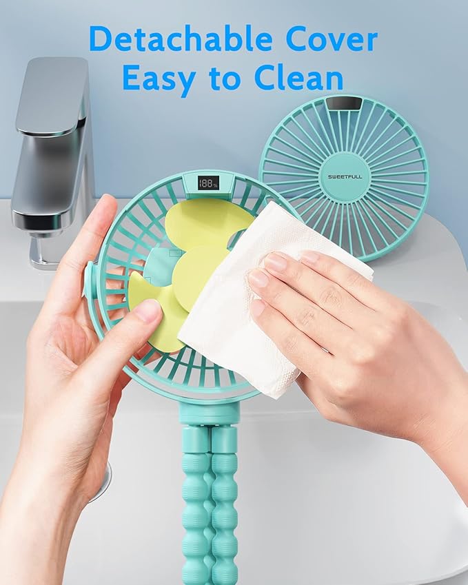 SWEETFULL Portable Stroller Fan with Display 4000mAh Battery Powered Mini Clip On Fan, 4-Speed Rechargeable Small Personal Cooling for Baby Car Seat Crib Travel - Cyan-BubblyBeeBaby