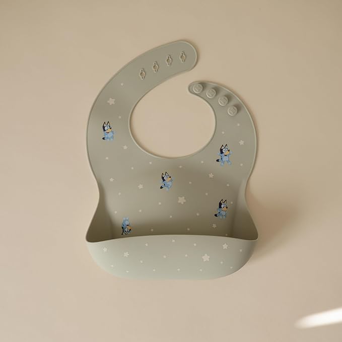 mushie x Bluey Silicone Baby Bib | Adjustable Fit Waterproof Bibs (Bluey Sage)-BubblyBeeBaby