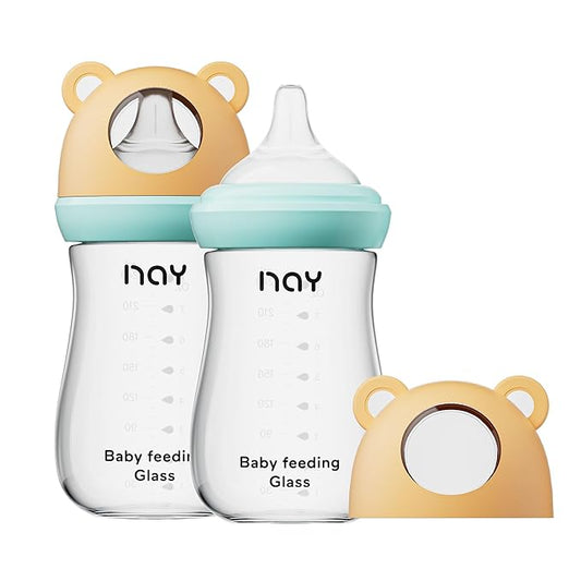 Natural Glass Baby Bottle for Breastfeeding Babies, 8oz Anti-Colic Baby Bottle with Natural Response Nipple(M), Clear, Wide Neck, 2 Pack, 3 Months+-BubblyBeeBaby
