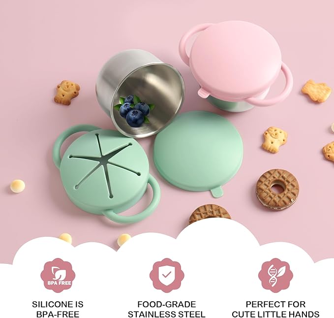 2 Pack Snack Cups for Toddlers Spill Proof - Detachable Stainless Steel Toddler Snack Cups with Silicone Lids & Handles - Dishwasher Safe Baby Snack Containers for Mess-Free Snacking (Green and Pink)-BubblyBeeBaby