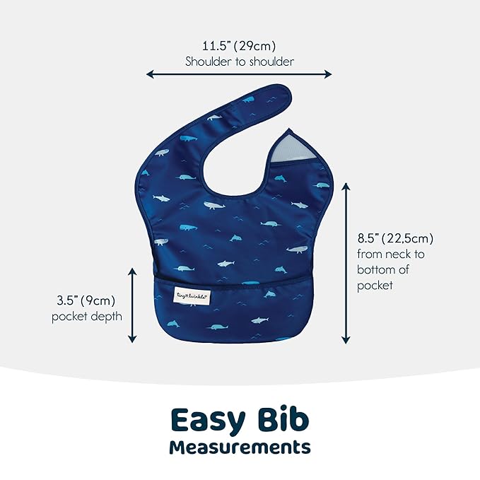 Tiny Twinkle Mess Proof Baby Bibs for Eating - Waterproof, Wipeable Bibs - Toddler Bibs - Travel Friendly - PFAS, PVC, BPA, Phthalate Free - Baby Food Bibs(3 Pack,Sea, Dino)-BubblyBeeBaby