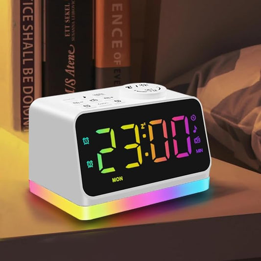 JALL Digital Alarm Clock with FM Radio for Bedroom, 8 Colors Night Light with 2 Charging Port, Sleep Sound Machines with Timer, Dual Alarm, Loud Alarm and Easy to Use for Seniors and Kids as Gift-BubblyBeeBaby