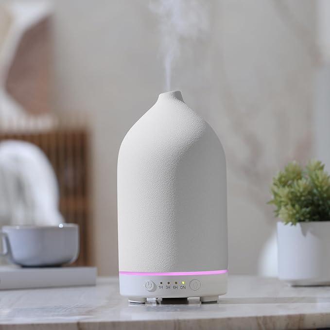 200ML Ceramic Essential Oil Diffuser - Ultrasonic Aromatherapy & Humidifier with 7-Color LED Lights, Auto Shut-Off, White, 1H/3H/6H Timer | Scent for Home,Office,Yoga-BubblyBeeBaby