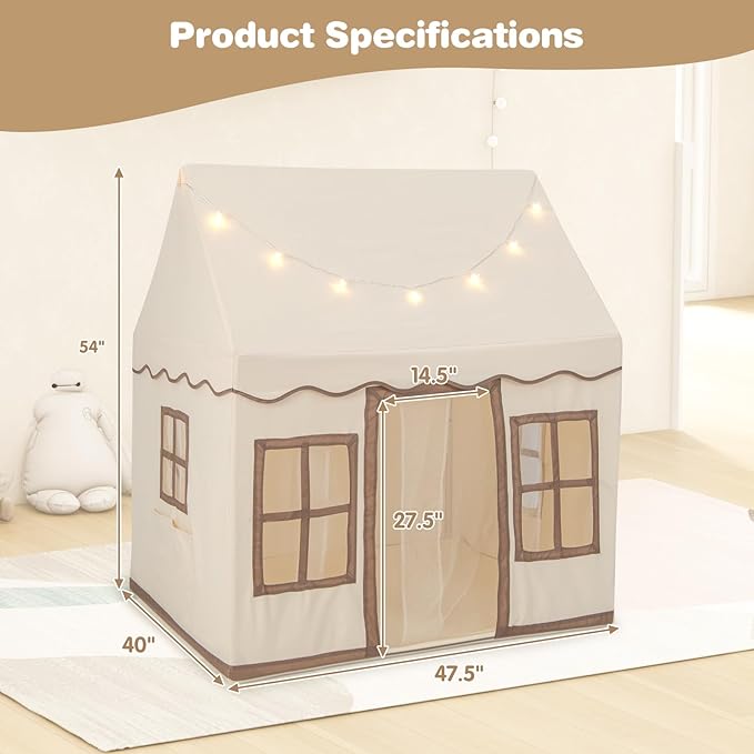 INFANS Kids Play Tent with Washable Mat Star Light Windows, Anti-Trip Large Playhouse Toys for Children Boys Girls, Indoor Outdoor Princess Tents Castle for Toddlers (Beige)-BubblyBeeBaby