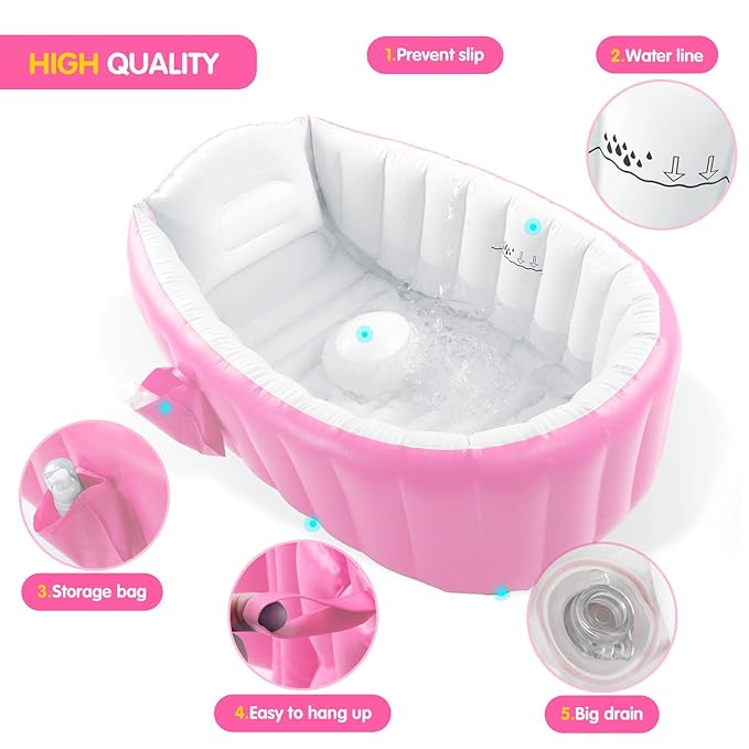 Inflatable Baby Bathtub, Portable Infant Toddler Bathing Tub Non Slip Travel Bathtub Mini Air Swimming Pool Kids Thick Foldable Shower Basin with Air Pump, Pink-BubblyBeeBaby