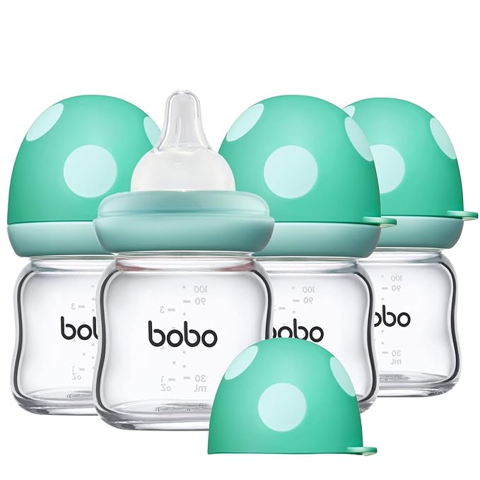 YOHKOH Natural Glass Baby Bottle with Natural Response Nipple, Newborn Anti-Colic Baby Bottles, Wide Neck Mushroom Cap Baby Bottle, Clear (3.4oz (Pack of 4), Blue)-BubblyBeeBaby