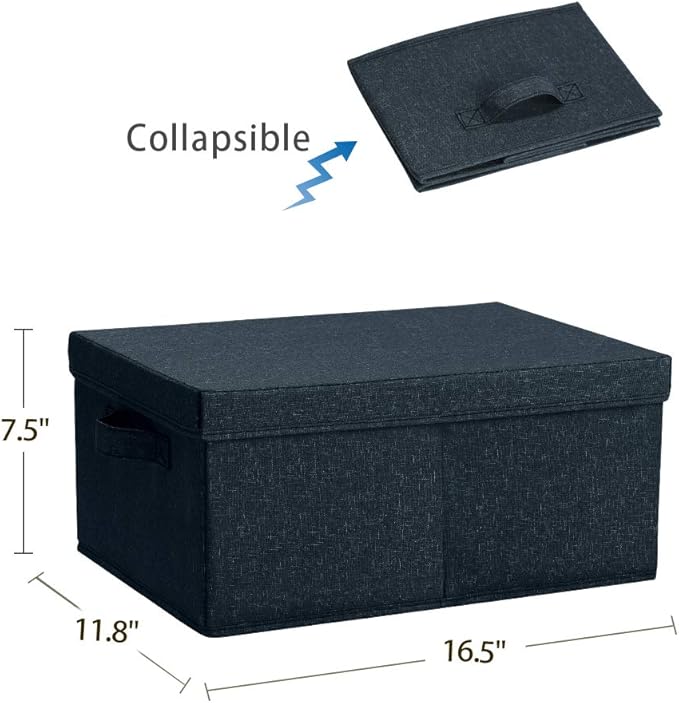 HOONEX Linen Foldable Storage Bins with Lids, 2 Pack, Storage Boxes with Carrying Handles and Sturdy Heavy Cardboard, 16.5" L x 11.8" W x 7.5" H for Shoes, Books, Clothes, Nursery, Dark Grey-BubblyBeeBaby
