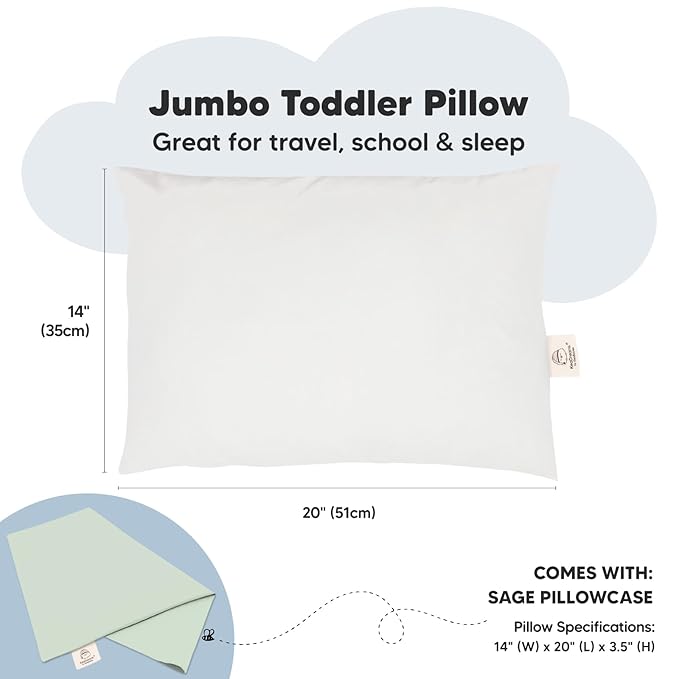 KeaBabies Toddler Pillow with Pillowcase, Jumbo 14X20 - Soft Organic Cotton Toddler Pillows for Sleeping - Machine Washable - Perfect for Travel, Toddler Bed Set (Sage)-BubblyBeeBaby