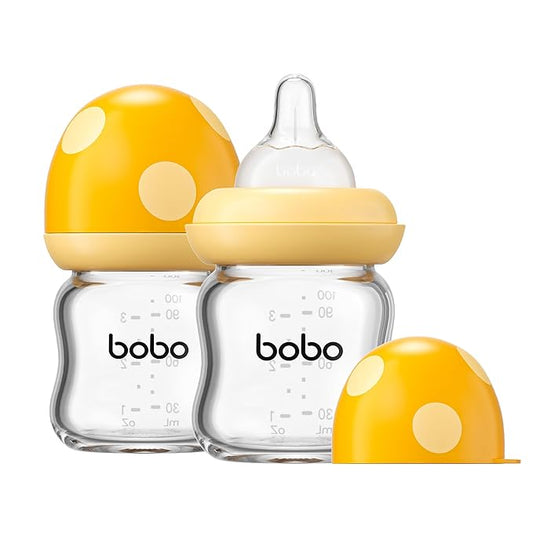 YOHKOH Natural Glass Baby Bottle with Natural Response Nipple, Newborn Anti-Colic Baby Bottles, Wide Neck Mushroom Cap Baby Bottle, Clear (Yellow, 3.4oz (Pack of 2))-BubblyBeeBaby