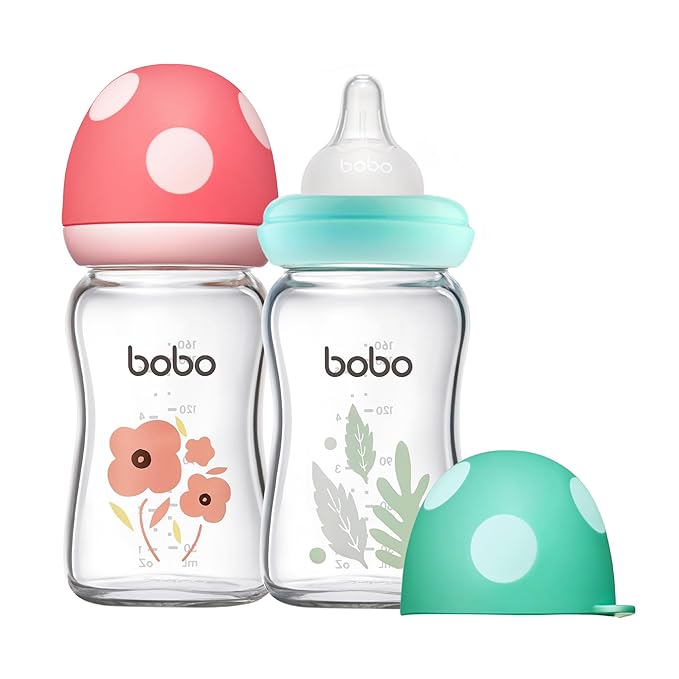 YOHKOH Natural Glass Baby Bottle with Natural Response Nipple, Newborn Anti-Colic Baby Bottles, Wide Neck Mushroom Cap Baby Bottle, Clear ((5.4oz (Pack of 2), Multicolour)-BubblyBeeBaby