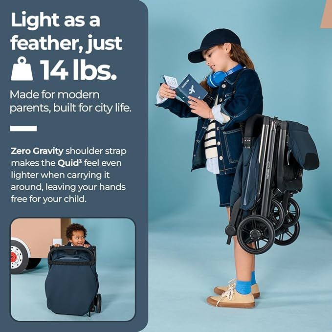 Inglesina Quid³ Stroller, Astral Blue - Compact Reclining Travel Stroller for Baby & Toddler 0-55 lbs, One Hand fold, Car seat Compatible, Airplane Overhead, Lightweight, Foldable, XL UPF 50+ Canopy-BubblyBeeBaby