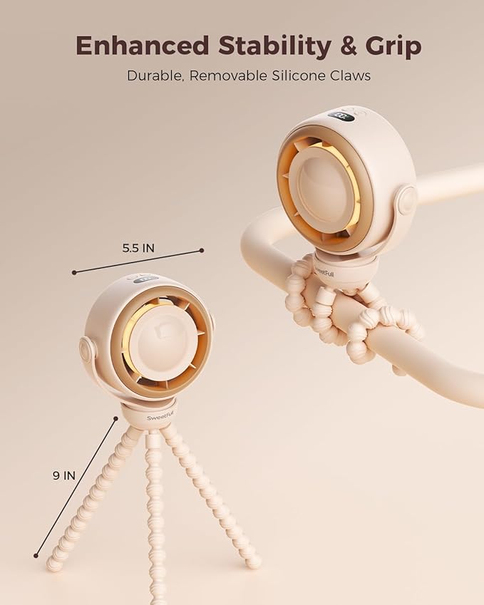 SWEETFULL Baby Stroller Fan - 4000mAh Rechargeable 4-Speed Quiet with LED Display & Night Light, Mini Portable 360° Clip On Safe Fan for Car Seat, Crib, Travel - Brown-BubblyBeeBaby