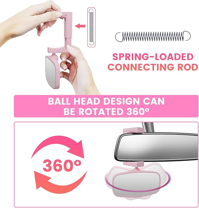 360-Degree Baby Car Mirror for Rear-Facing Seats,Kids Safety Mirrors with Tool-Free Installation,Kids Rear View Mirror BPA-Free Shatterproof & ASTM Certified (Adjustable 14"-22") (PINK)-BubblyBeeBaby