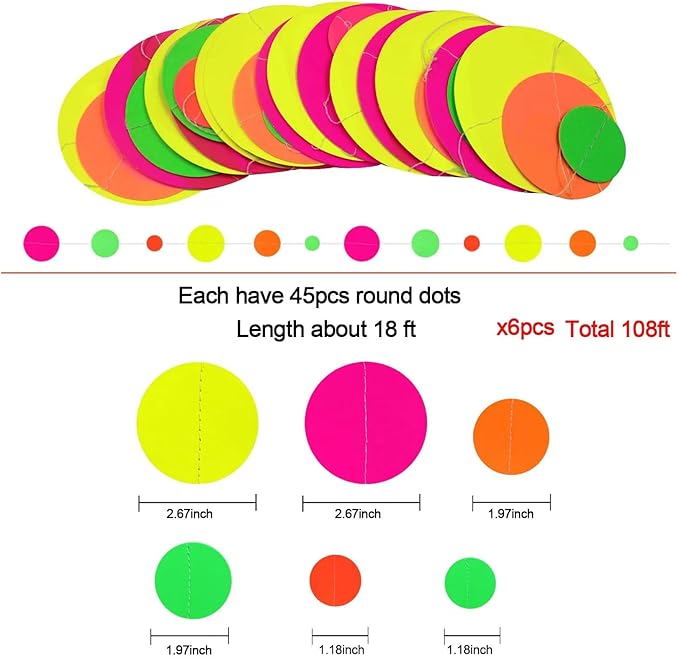 108feet Paper UV Round Dot Neon Garland Blacklight Reactive Glow in The Dark Party Supplies Streamers Glow Fluorescent Hanging Circle Dots Banners for Wedding Birthday Neon Party Decorations-BubblyBeeBaby