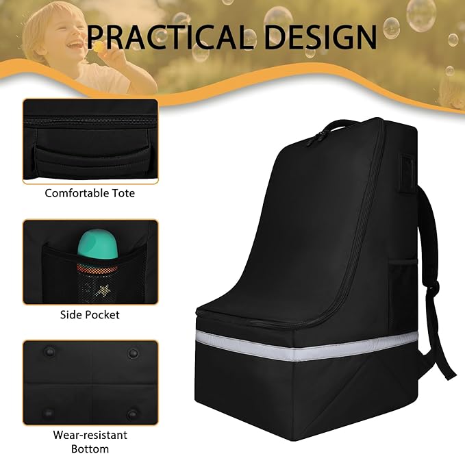 Car Seat Travel Bag for Airplane,Infant Seat Travel Bag with Shoulder Strap,Padded Car Seats Backpack with Reflective Stripes,Large Carseat Carrier Bag Travel Car Seat Cover, Black-BubblyBeeBaby