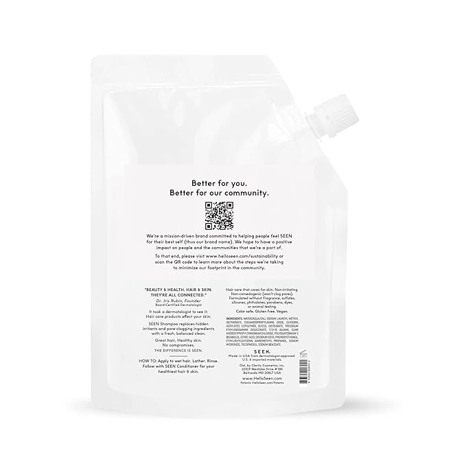 SEEN Shampoo Eco-Refill, Fragrance Free - Non-Comedogenic & Sulfate-Free Hair Shampoo- Dermatologist-Developed - Safe for Sensitive, Eczema & Acne Prone Skin-BubblyBeeBaby