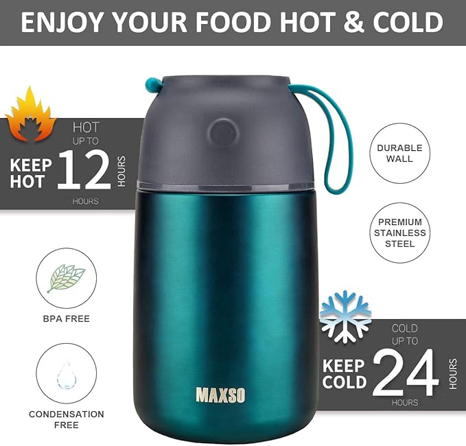 Insulated Thermo Food Jar for Hot & Cold Food for Kids Adult, 17&24 oz Soup Thermal Hot Food Containers for Lunch, Triple Layer Insulation Stainless Steel Food Jar with Spoon(2 Pack Green)-BubblyBeeBaby