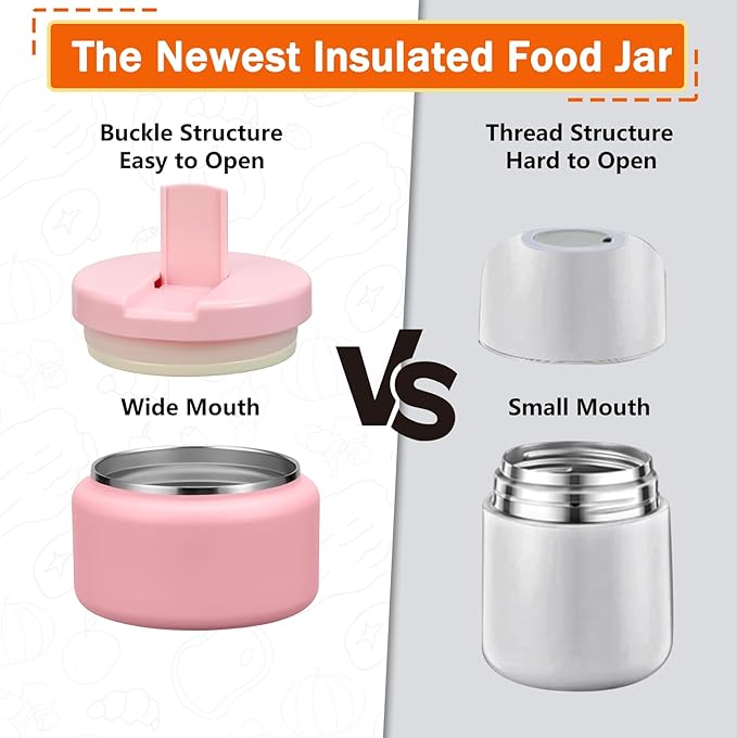 13.5oz Kids Thermos for Hot Food, Insulated Vacuum Food Jar with Buckle Lid, Stainless Steel Wide Mouth Leak Proof Insulated Lunch Container for School Picnic Travel,Pink-BubblyBeeBaby