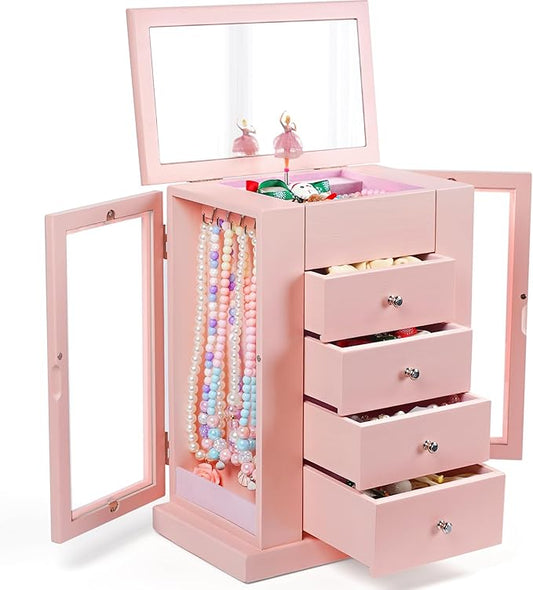 Jewelry Box for Girls, Musical Jewelry Box with Spinning Dancer Gifts for Little Girls Christmas New Year Birthday Children's Day, 5 Layer Large Wooden Kids Music Jewelry Organizer Box(Pink)-BubblyBeeBaby