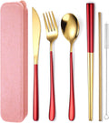 AARAINBOW 6 Pieces 18/8 Stainless Steel Flatware Set Portable Reusable Cutlery Set Travel Utensils Set Including Chopsticks Knife Fork Spoon Straws Cleaning Brush Dishwasher Safe (Red golden)