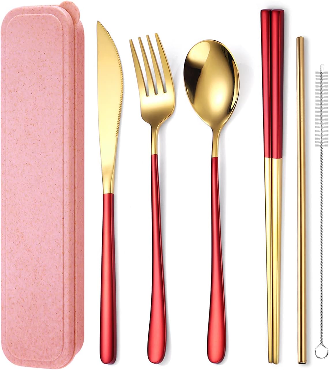 AARAINBOW 6 Pieces 18/8 Stainless Steel Flatware Set Portable Reusable Cutlery Set Travel Utensils Set Including Chopsticks Knife Fork Spoon Straws Cleaning Brush Dishwasher Safe (Red golden)