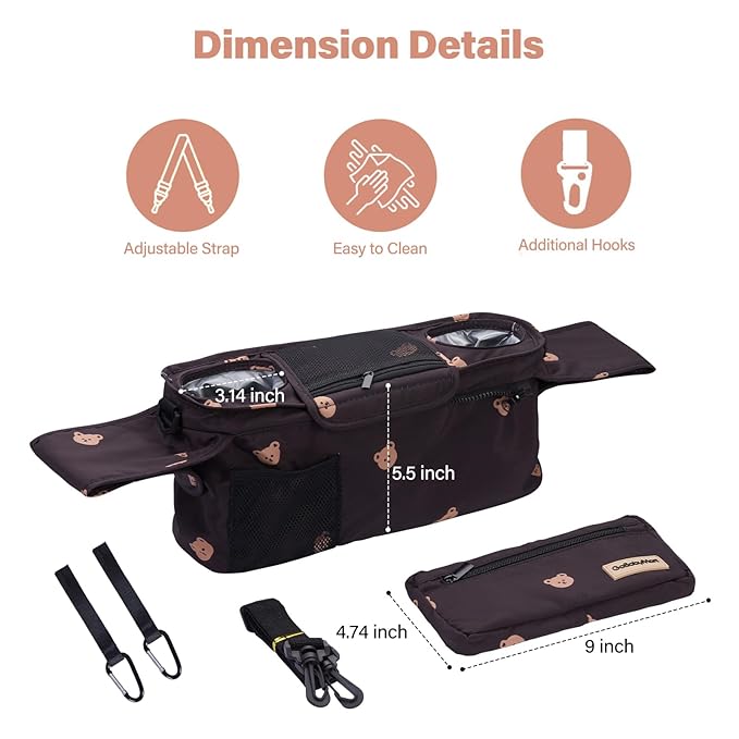 Universal Stroller Organizer with Cup Holders, Detachable Wristlet | Fits All Strollers | Stroller Diaper Bag Organizer with Phone Pocket, Insulated Bottle Holder & Storage Compartments-BubblyBeeBaby