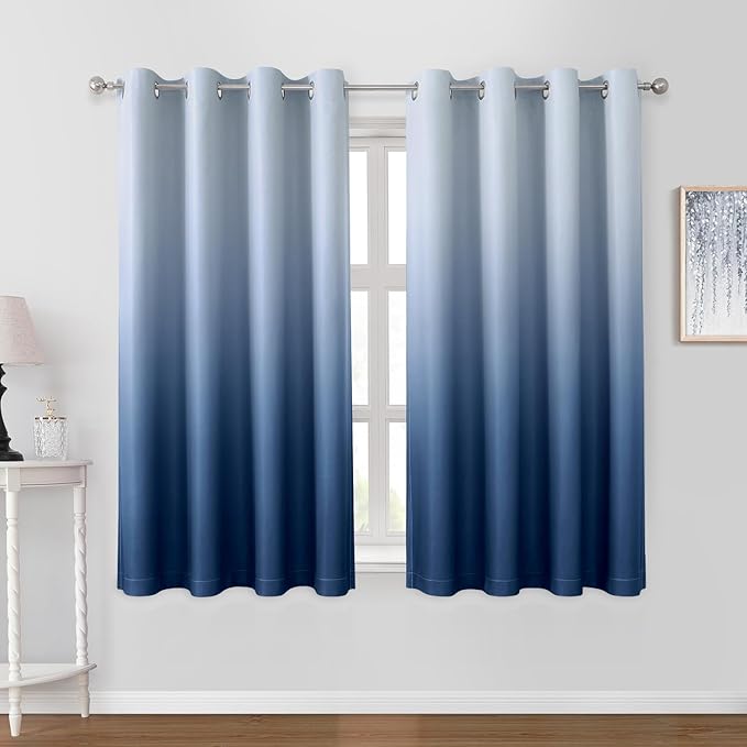 HOMEIDEAS Navy Blue Ombre Blackout Curtains 52 X 63 Inch Length Gradient Room Darkening Thermal Insulated Energy Saving Grommet 2 Panels Window Drapes for Living Room, Bedroom-BubblyBeeBaby