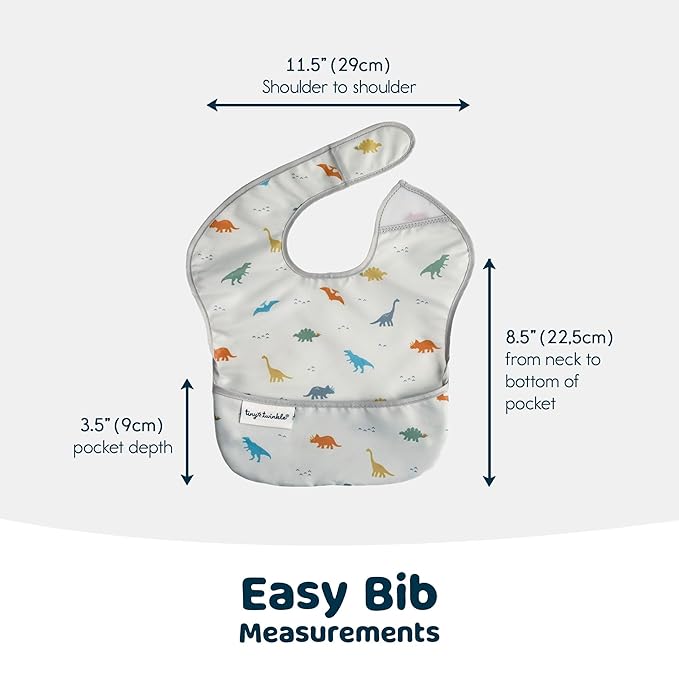Tiny Twinkle Mess Proof Baby Bibs for Eating - Waterproof, Wipeable Bibs - Toddler Bib- Travel Friendly - PFAS, PVC, BPA, Phthalate Free - Baby Food Bib (3 Pack,Dinosaur)-BubblyBeeBaby