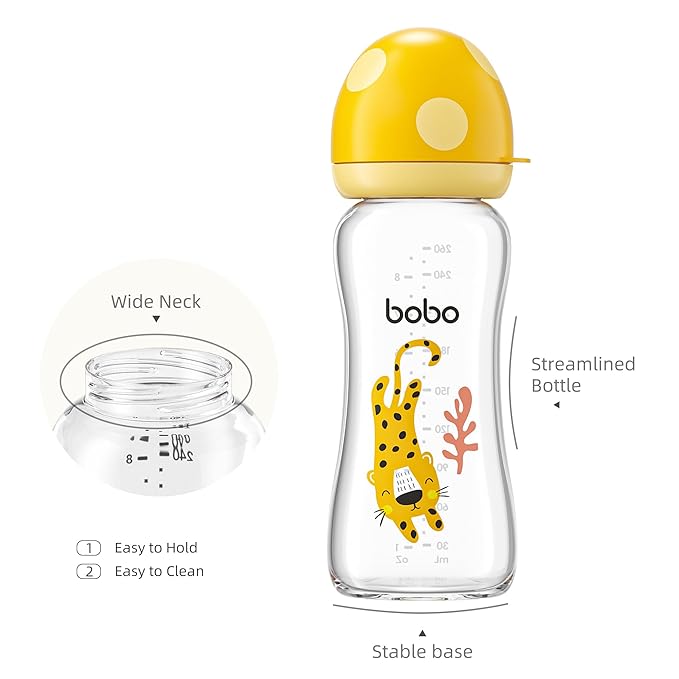 YOHKOH Natural Glass Baby Bottle with Natural Response Nipple, Newborn Anti-Colic Baby Bottles, Wide Neck Mushroom Cap Baby Bottle, Clear (8.8ounce (Pack of 2), Yellow2)-BubblyBeeBaby