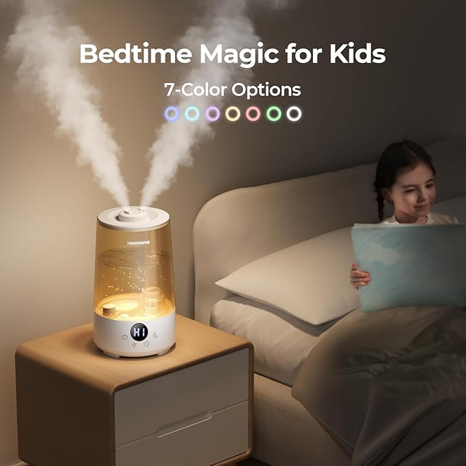 Homvana Humidifiers for Bedroom Home, 3.6 L Cool Mist Top-Fill 34H Super Long Time, Quiet 23dB, Baby Humidifier, Oil Diffuser for Large Room, Plants, Nursery, Office BPA FREE, 7 Color Light Ultrasonic-BubblyBeeBaby