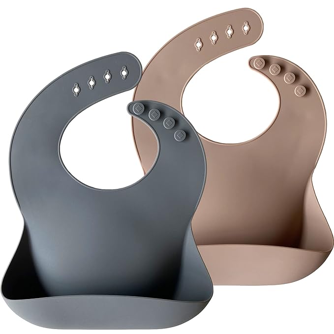 Moonkie Silicone Baby Bibs Set Of 2, BPA Free Soft Adjustable Fit Waterproof Feeding Bibs for Babies and Toddlers(Dark Grey/Warm Taupe)-BubblyBeeBaby