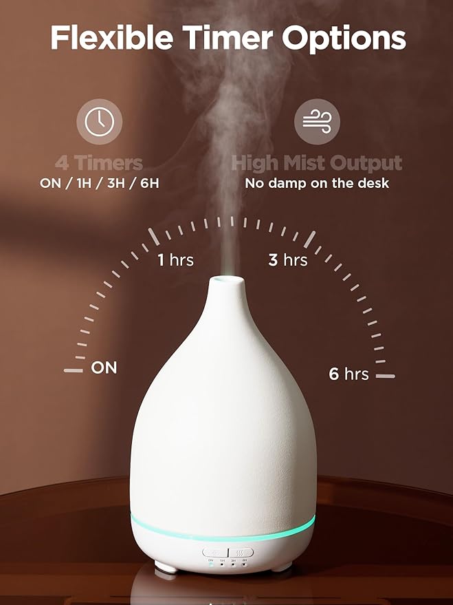 InnoGear Oil Diffuser, 300ML Ceramic Diffuser for Essential Oils Handcrafted Aromatherapy Diffuser Ultrasonic Cool Mist Humidifier with 4 Timers Waterless Auto Off for Room Office, White Base-BubblyBeeBaby
