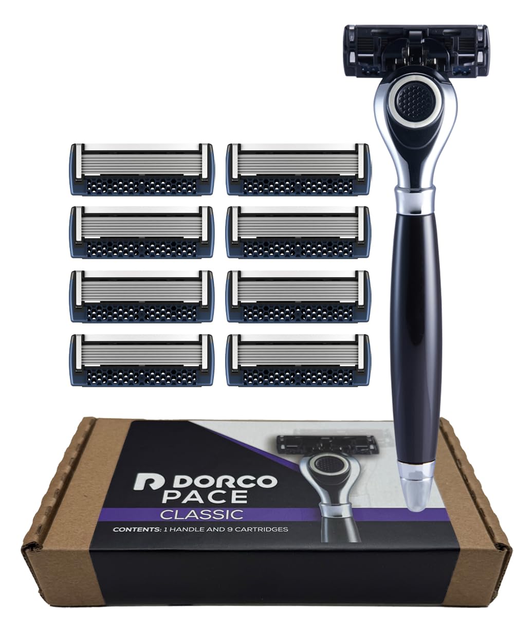 DORCO Pace Classic - Seven Blade Razor System with Pivoting Head and Premium Handle- 9 Pack (1 Handle + 9 Cartridges)