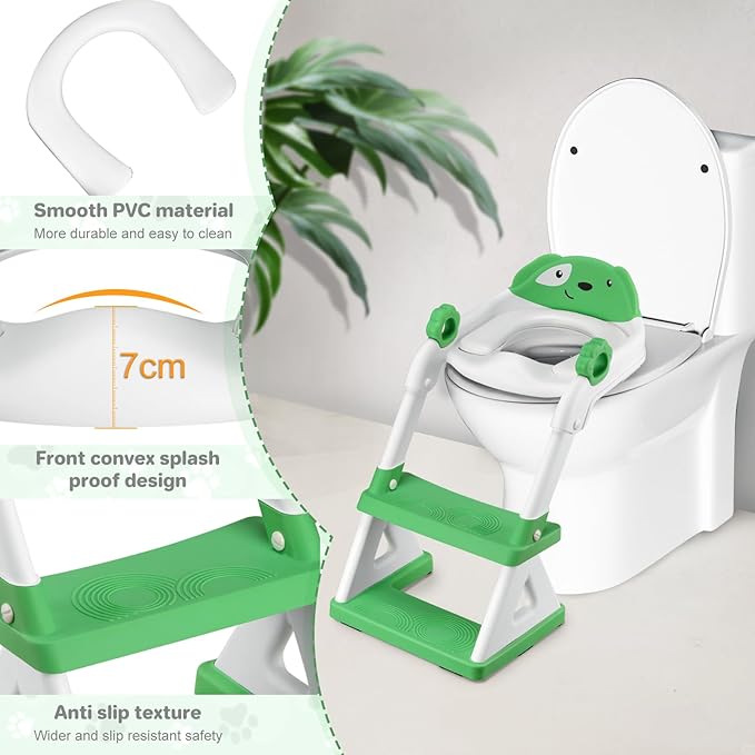 2 In 1 Potty Training Toilet Seat & Toddler Step Stool, Bottom Triangle Stability Toddler Toilet Seat, Adjustable Step & Seat Height Potty Seats (Green)-BubblyBeeBaby
