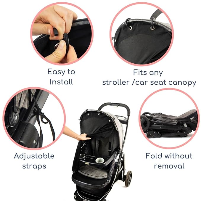 Stroller Sun Shade - Universal UV Protection Cover for Strollers Sunshade with See Through, Clip-On Sun Blocker, Sun Shield for Baby, Breathable Adjustable Fit, Full Coverage, XL Black-BubblyBeeBaby