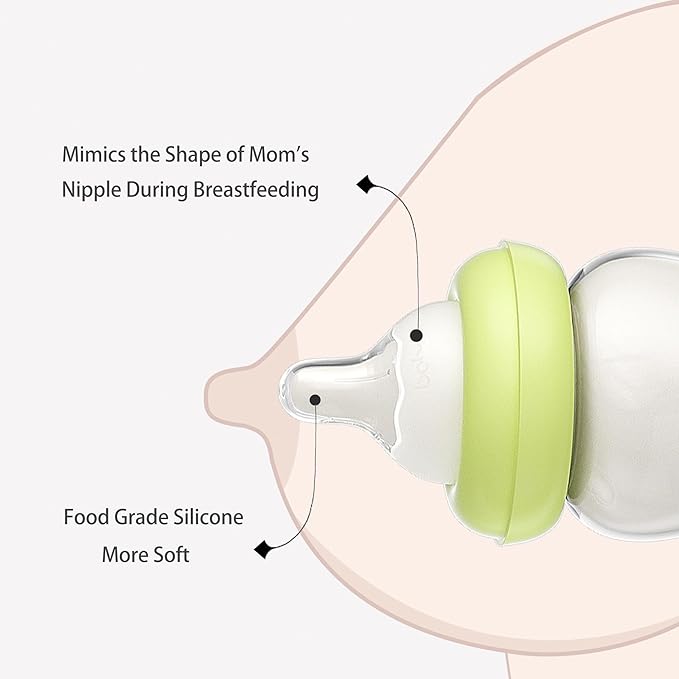 YOHKOH Natural Glass Baby Bottle with Natural Response Nipple, Newborn Anti-Colic Baby Bottles, Wide Neck Mushroom Cap Baby Bottle, Clear (Green, (5.4oz (Pack of 4))-BubblyBeeBaby