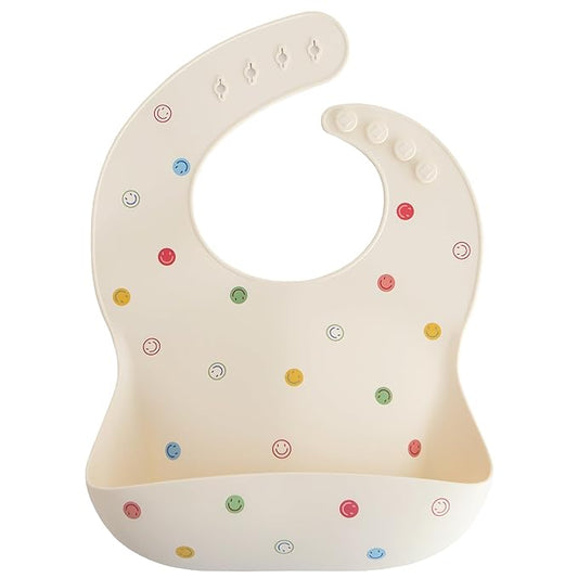 mushie Silicone Baby Bib | Adjustable Fit Waterproof Bibs (Smiley Face)-BubblyBeeBaby