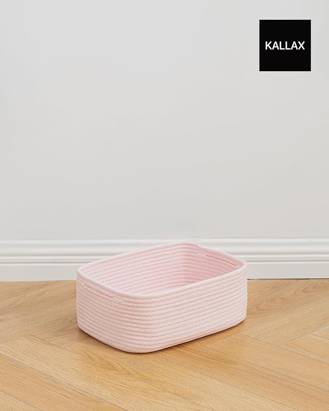 KALLAX Small Woven Basket, 13.5 x 9.5 x 5 Inches, Storage Basket for Organizing, Cute Small Rope Shelf Closet Cube Storage Bins Baskets for Shelves, Dog Toy Gift Baskets Empty, 3 Pack Light Pink-BubblyBeeBaby