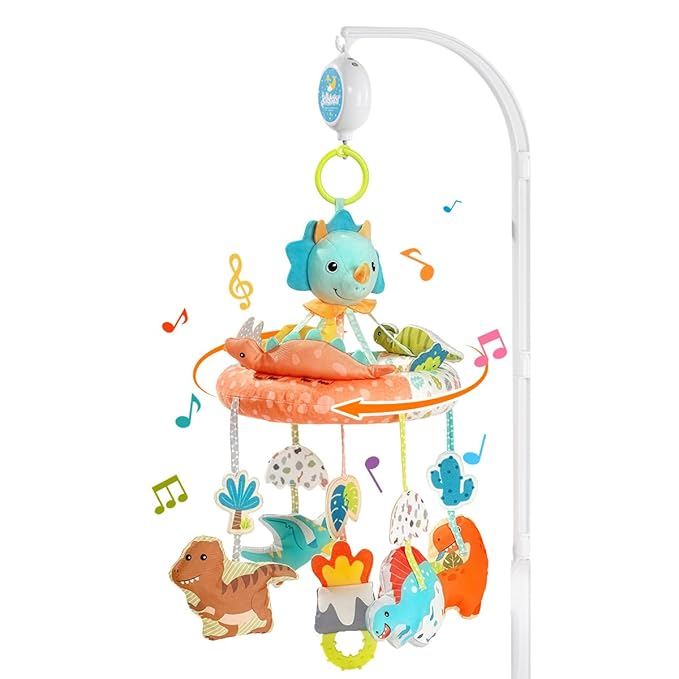 Jollybaby Nursery Baby Automatic Rotating Dinosaur Crib Mobile with Music Box & Arm, Montessori Sensory Musical Hanging Toy for Bassinet, Newborn Clip on Crib Mobile Soother Toy Gift, Polyester-BubblyBeeBaby