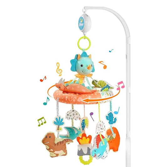 Jollybaby Nursery Baby Automatic Rotating Dinosaur Crib Mobile with Music Box & Arm, Montessori Sensory Musical Hanging Toy for Bassinet, Newborn Clip on Crib Mobile Soother Toy Gift, Polyester-BubblyBeeBaby
