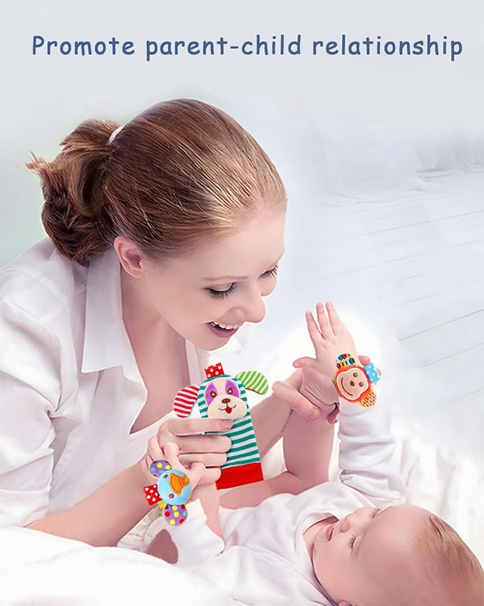 Infant Rattle Socks Toys 0 to 12 Months, Baby Wrist Rattle Foot Finder Socks Set, Birthday Holiday Present for Newborn Boy Girl 0/3/4/6/7/8/9/12/18 Months Kids Toddler, Gift Box Package (4A)-BubblyBeeBaby