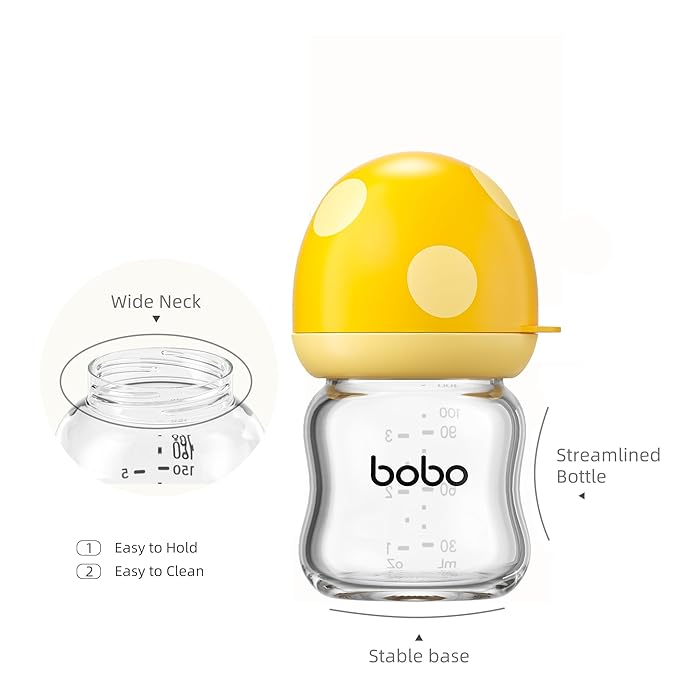 YOHKOH Natural Glass Baby Bottle with Natural Response Nipple, Newborn Anti-Colic Baby Bottles, Wide Neck Mushroom Cap Baby Bottle, Clear (Yellow-A, 3.4oz (Pack of 4))-BubblyBeeBaby