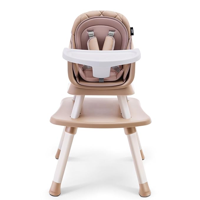 HARPPA 6 in 1 Baby High Chair, Convertible Infant Feeding Chair for Babies & Toddlers Table, Dining Booster Seat with Removable Tray, Khaki-BubblyBeeBaby